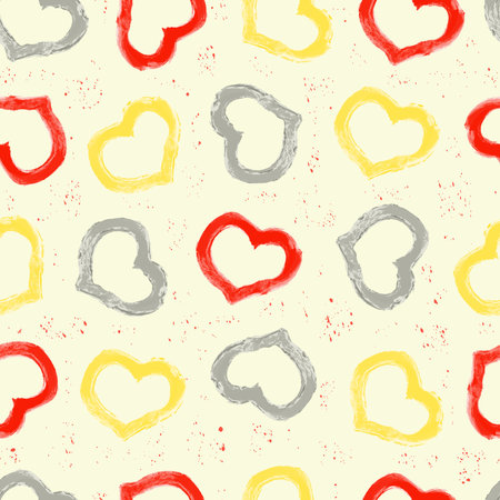 seamless pattern of red, gray and yellow hearts drawn by a brush on a light background with a splash textureのイラスト素材