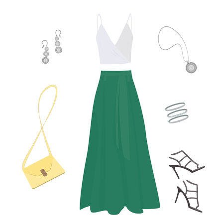 long emerald skirt, white tank top, dark stiletto sandals, light yellow women's handbag, silver earrings, three bracelets and a round pendant on a white backgroundのイラスト素材