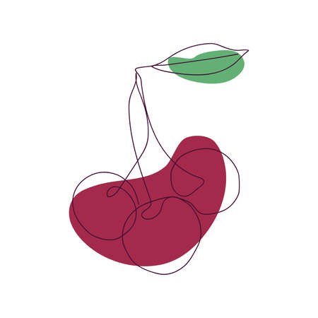 drawn three cherries with a leaf in one line against a background of two spots of maroon and green color on a white backgroundのイラスト素材
