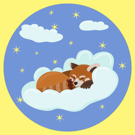 Red panda sleeps on a cloud against a starry blue sky with clouds in a round frame. children's illustration for children's bedroomsのイラスト素材