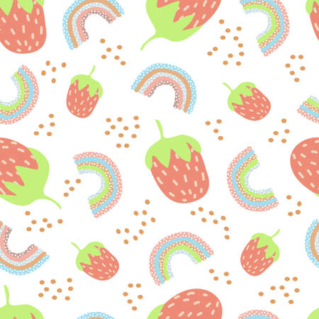 seamless pattern of stylized strawberries and rainbow polka dots with blue lilac and pink and beige...