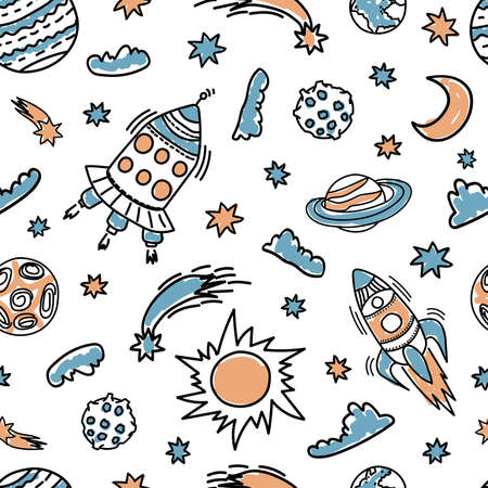 seamless pattern doodle style rockets, planets, comets, Saturn, stars, asteroids, sun, moon, spaceship and clouds casually painted with marker on white backgroundのイラスト素材