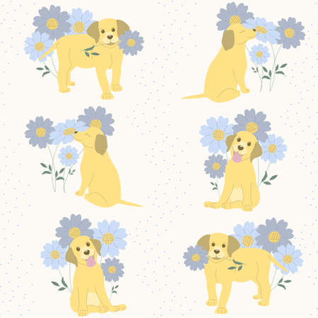 seamless pattern labrador puppies in different poses on a light background of flowers and blue dots. puppies stand with a flower in their mouth, sits and sniffs blue and purple flowersのイラスト素材