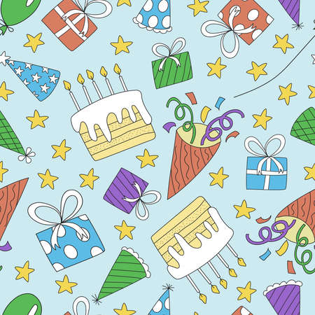 birthday celebration seamless pattern consisting of holiday hats, cake with candles, gifts, stars and clappers background on a light blue backgroundのイラスト素材