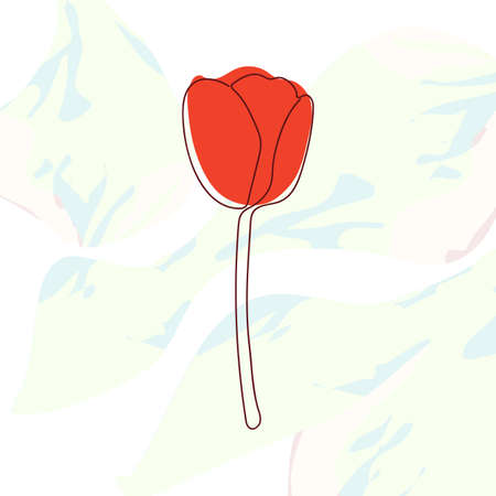 flower tulip drawn by one solid line on the background of red abstract spot line artのイラスト素材