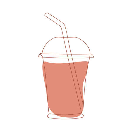 disposable clear plastic cup with lid and straw drawn by one solid continuous line on the background of an abstract spot of pink color on a white backgroundのイラスト素材