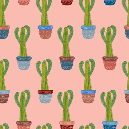 seamless pattern cacti cereus in multicolored pots with ornament on a pink backgroundのイラスト素材