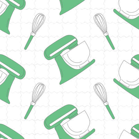seamless pattern mixers with a bowl and hand whisks in green color drawn in doodle style on a white backgroundのイラスト素材
