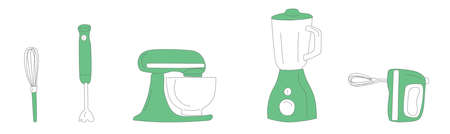 set of kitchen mixers in green color consisting of hand whisk, hand blender, scale blender, hand mixer and mixer with bowl drawn in doodle style on white backgroundのイラスト素材