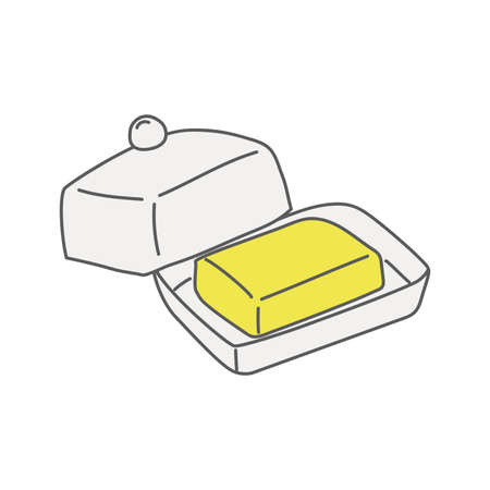 yellow butter in a white butter dish is drawn in doodle style with a gray outline on a white background isolateのイラスト素材