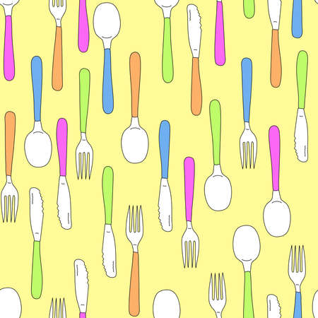 seamless pattern knife fork and spoon drawn in doodle style pink cyan orange and light green on a yellow backgroundのイラスト素材