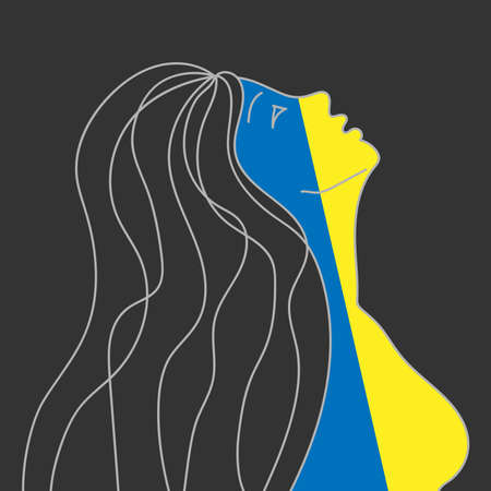 silhouette of a girl painted in yellow and blue colors of the flag of Ukraine asking for help is drawn by a gray line on a black background. lineartのイラスト素材