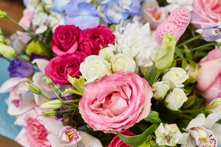 flower arrangement Flower gift in a box. Pink and blue color.の写真素材