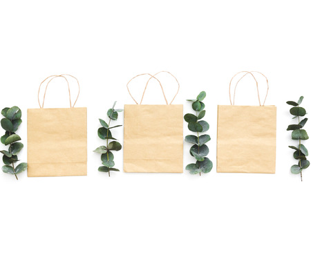 Paper bag with decorations. Flat layの写真素材