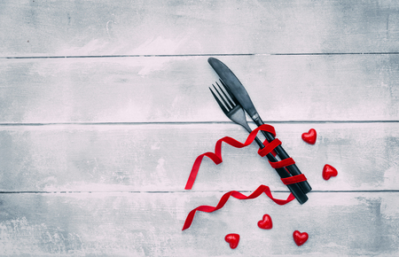 Table set with Fork and knife. Top view, copy space. Serving, Table decoration Valentine's Dayの写真素材