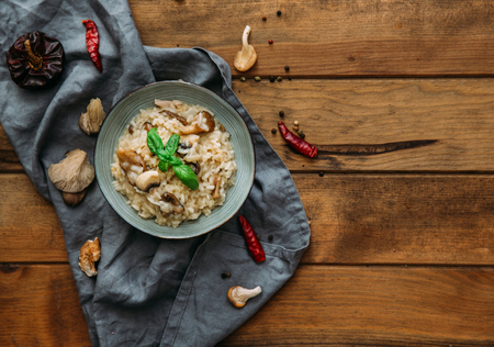 Mushroom risotto on white plate, close up viewの写真素材
