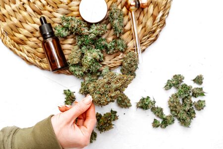 Hands holding Cannabis Buds. Medical marijuana oil の写真素材