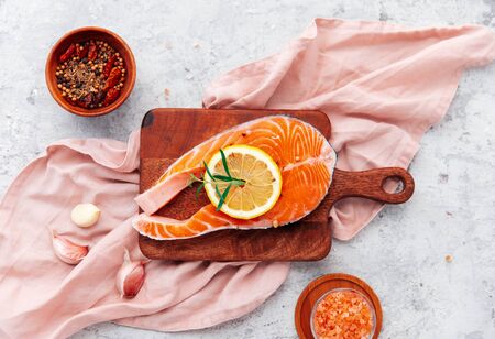 Salmon with lemon and pepper. Top view の写真素材
