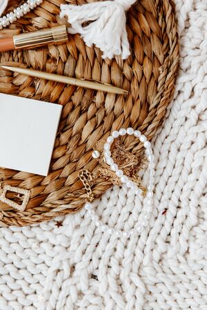 Flat Lay Fashion Beauty accessories. Top view lifestyle background. Still life conceptの写真素材