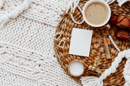 Flat Lay Fashion Beauty accessories. Top view lifestyle background. Still life conceptの写真素材