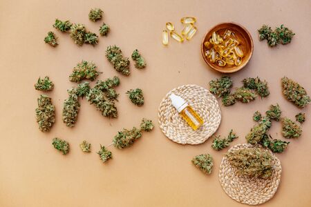 Medicinal cannabis with extract oil in a bottleの写真素材