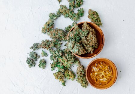 Assorted medical cannabis buds, capsules and CBD oilの写真素材