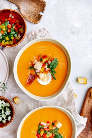 Tomato gazpacho soup, salmorejo soup in a bowl, spanish foodの写真素材