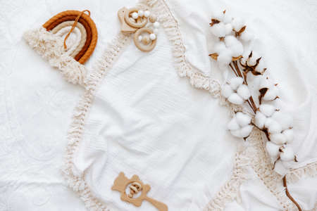 Still life background of cute newborn accessories on white backgroundの写真素材