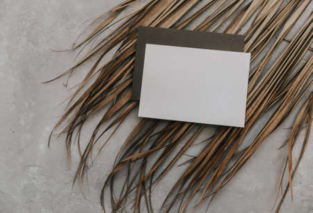 Mockup tropical invitation, blank greeting card with dry tropical palm leaves. Flat lay, top view.の写真素材