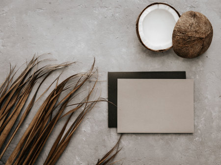 Coconut with dry leaves of palm and blank card on the neutral background. Minimal moody stationery still life. Boho mock upの写真素材