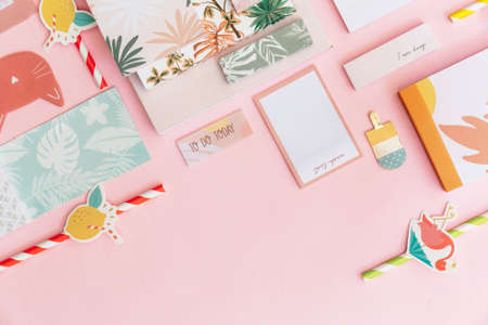 Flat Lay Summer tropical background. Workspace with supplies. Top view, copy space