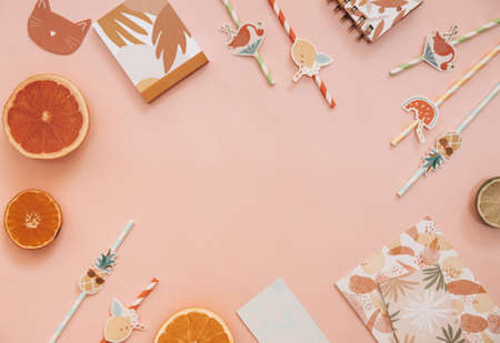 Flat Lay Summer tropical background. Workspace with supplies and fresh fruits. Top view, copy space