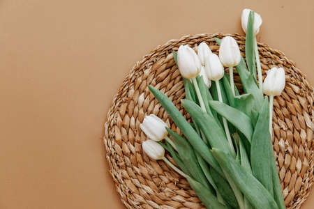 Flat Lay Fresh White Tulips on brown background, Mother Day, 8 march, Woman Day, Springの写真素材