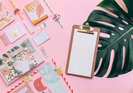 Flat Lay Summer tropical background. Workspace with supplies. Top view, copy space