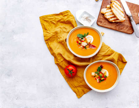 Tomato gazpacho soup, salmorejo soup in a bowl, spanish foodの写真素材