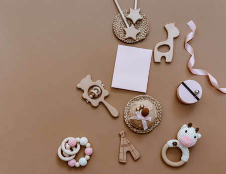 Set of baby stuff and accessories on pastel background. Baby shower concept. Fashion newborn. Flat lay, top view. Itemの写真素材