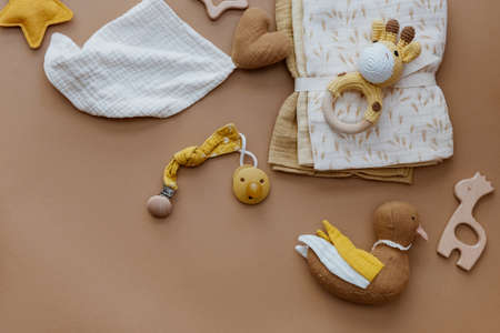Bib and wooden toys. Set of baby stuff and accessories for newborn on brown background. Baby shower or baby care concept. Fashion newborn. Flat lay, top viewの写真素材