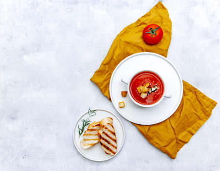 Fresh tomato soup. Top view, copy spaceの写真素材