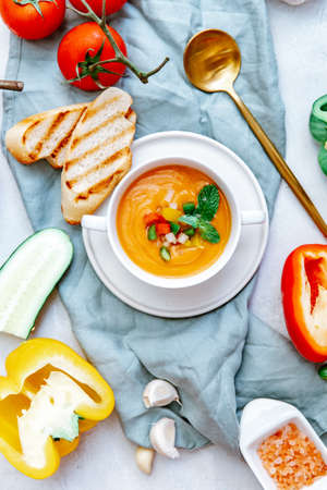 Tomato gazpacho soup, top view, copy spaceの写真素材