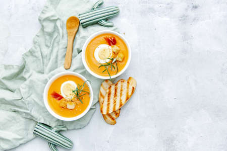 Traditional homemade gazpacho or salmorejo cold soup. Tomato soup puree gazpacho with tomatoes...