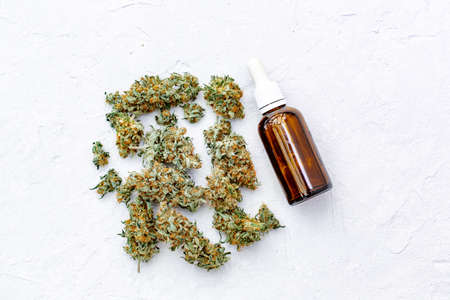 Marijuana buds, oil pills, cbd recreation. Fresh cannabis leaf close up, isolated on white background. Home relaxation, pastime therapy. Alternative medicine.の写真素材