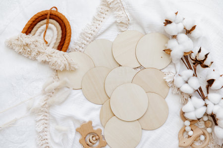 Still life background of cute newborn accessories on white backgroundの写真素材