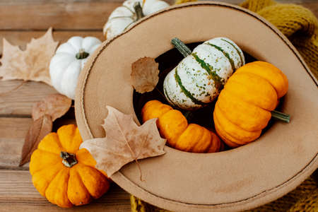 Autumn composition with autumn leaves, warm sweater and pumpkins on wooden background, Autumn still life, Autumn, fall, halloween, thanksgiving day concept.の写真素材