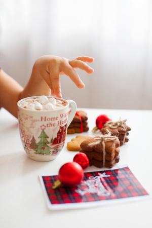 A cup with cacao and marshmallow, Christmas card, cookies, red balls on the table and childs hand, side view, whhite backgroundの写真素材