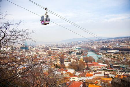 Old city view from Narikala fortress with cable car, Tbilisi, Georgia, January 2019
