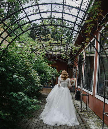 young slender bride in a long white elegant wedding dress. honeymoon ceremonyの写真素材