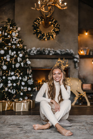 young beautiful woman model with long hair in a beige suit christmas tree christmas In brown wooden housesの写真素材