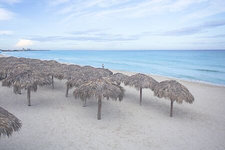 Row of thatched umbrellas at the famous Varadero beach in Cuba on a beautiful summer dayの写真素材