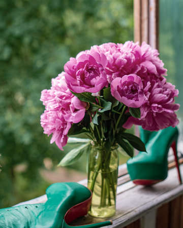 Beautiful flowers, peonies. Bouquet of pink peony background.の写真素材