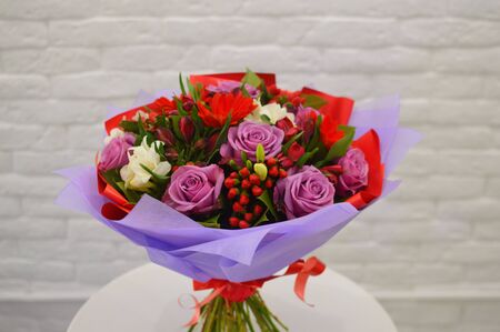 bouquet of flowers on white tableの写真素材